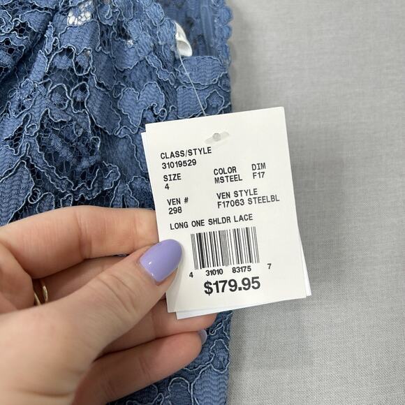 David's Bridal Dress Women 4 Steel Blue Lace One Shoulder Gown Bridesmaid Formal - Picture 4 of 13